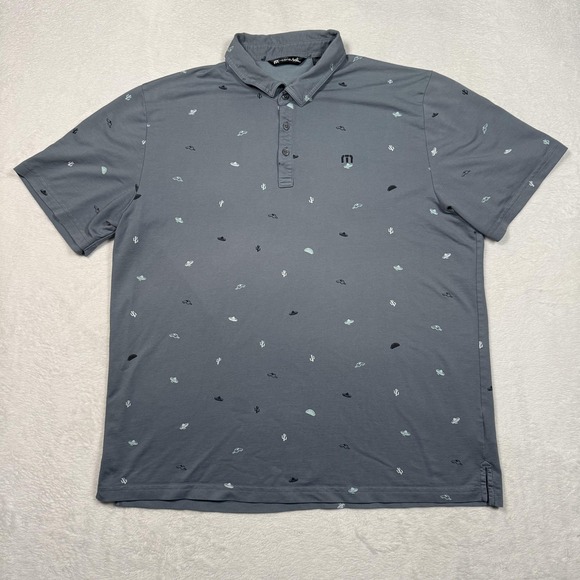 TravisMathew Polo Shirt Mens 2XL Gray All Over Print Golf Cactus Sombrero‎ Taco - Picture 2 of 10